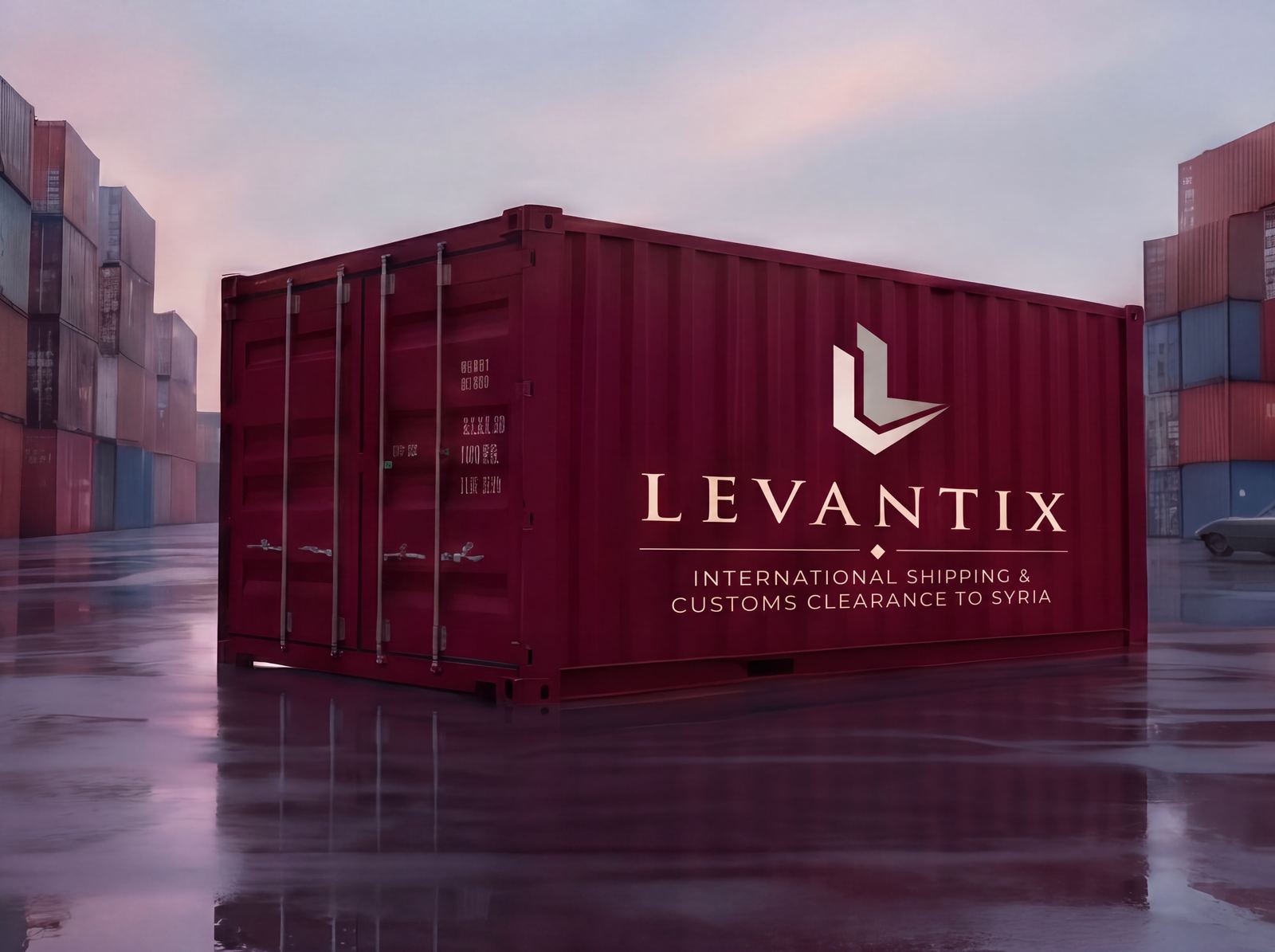 A maroon Levantix shipping container on a wet container yard
